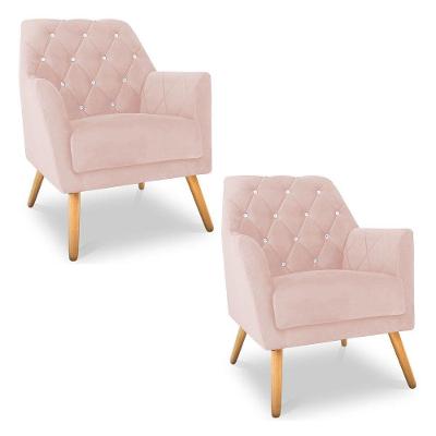 Kit 2 Poltronas Velvet Strass Veludo Pés De Madeira - Pallazio Cor Rosa Bebê