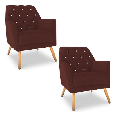Kit 2 Poltronas Velvet Strass Veludo Pés De Madeira Marsala - Pallazio