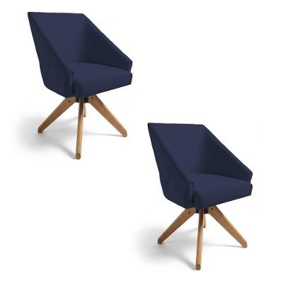 Kit 2 Poltronas Giratórias Alana Suede Azul Marinho Base De Madeira - Pallazio