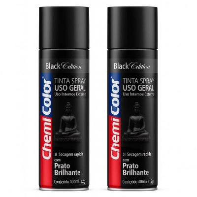 Kit 02 Tintas Spray 400ml Para Uso Geral Multiuso Secagem Rápida - Chemicolor Cor Preto Brilhante