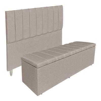 Kit Cabeceira E Calçadeira Recamier Baú Casal 1,40m Holanda Linho - Pallazio Cor Cappuccino
