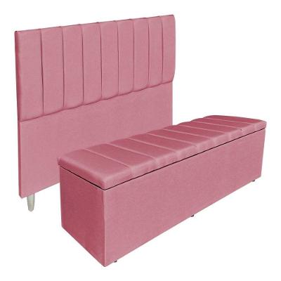 Kit Cabeceira E Calçadeira Recamier Baú Queen 1,60m Holanda Suede Rosa - Pallazio