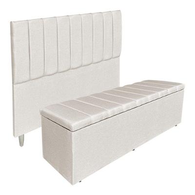 Kit Cabeceira E Calçadeira Recamier Baú Casal 1,40m Holanda Linho - Pallazio Cor Bege