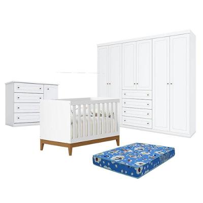 Quarto De Bebê Americano 6 Portas Com Berço Americano Flip Branco Acetinado Reller E Colchão Tendtudo - Henn