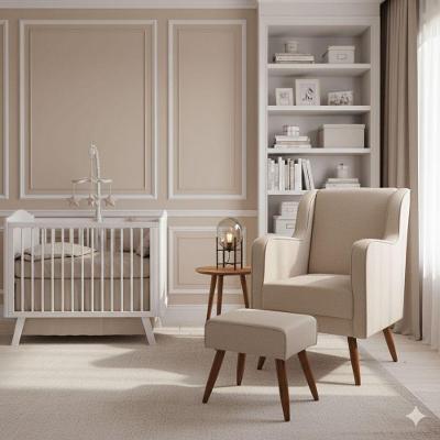 Poltrona Amamentação Pés Palito Naná E Puff Linho Bege - Pallazio