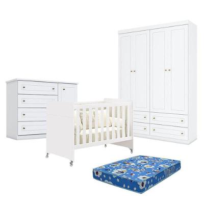 Quarto De Bebê Americano 4 Portas Com Berço Americano Evolution 4 Em 1 Branco Acetinado Reller E Colchão Tendtudo - Henn