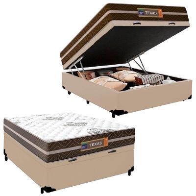 Cama Box Baú Casal Sintético + Colchão Molas Ensacadas Texas Prime Colchões 138cm Bege - Suporta Até 120 Kg Por Pessoa