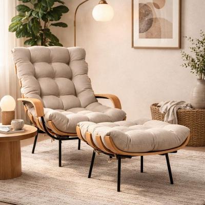 Poltrona Costela Alta Com Braço E Puff Linho Acquablock Bege