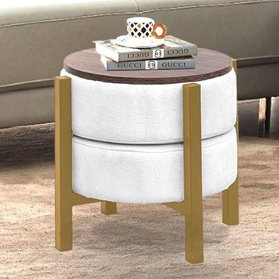 Puff Multiuso Veludo Vira Mesinha De Centro Pés De Madeira Veludo Bege