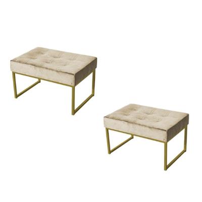 Kit 2 Puff Retangular Karina Pés De Metal Reforçado Dourado Veludo Bege