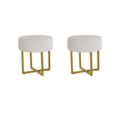 Kit 2 Puff Redondo Madrid Veludo Pés Metal Reforçado Dourado Veludo Bege