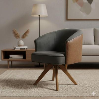 Poltrona Giratória Courino Base Madeira Conforto Cinza