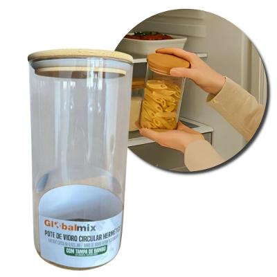 Pote De Vidro Circular Hermético Multiuso Com Tampa De Bambu - 1200ml