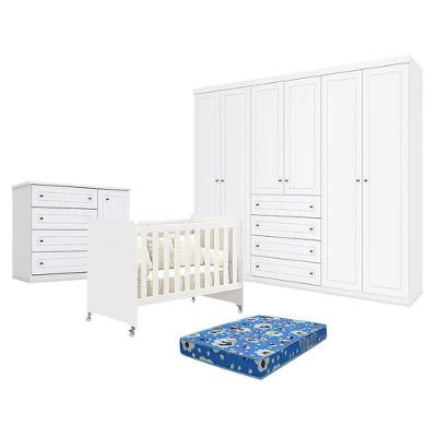 Quarto De Bebê Americano 6 Portas Com Berço Americano Evolution 4 Em 1 Branco Acetinado Reller E Colchão Tendtudo - Henn