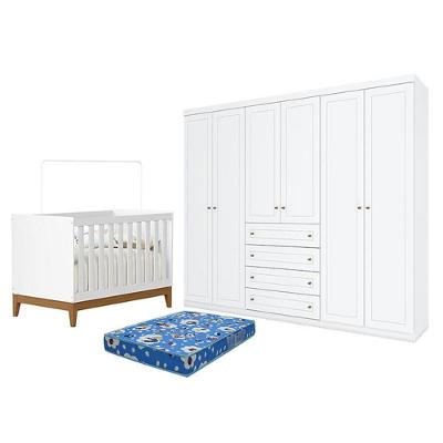 Berço Americano Flip Branco Acetinado Reller E Guarda Roupa Casal Americano 6 Portas Branco Hp E Colchão Tendtudo - Henn