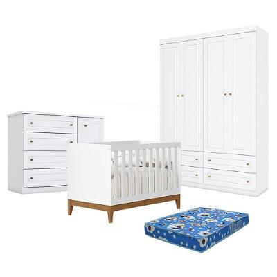 Quarto De Bebê Americano 4 Portas Com Berço Americano Flip Branco Acetinado Reller E Colchão Tendtudo - Henn