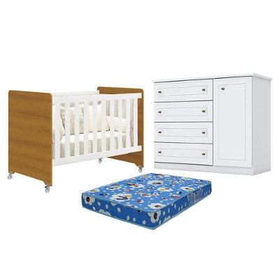 Berço Americano Evolution 4 Em 1 Branco Acetinado Savana Reller E Cômoda Americano Branco Hp E Colchão Tendtudo - Henn