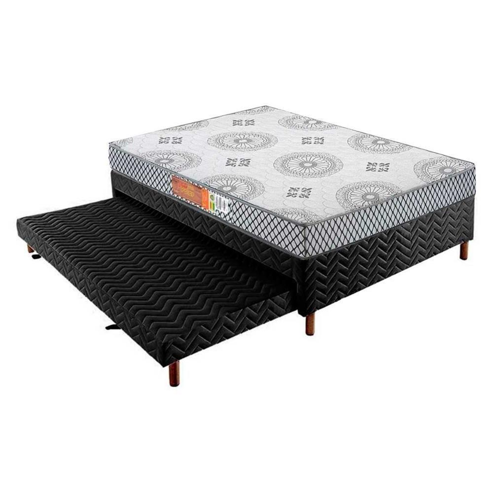 Cama Box c/Auxiliar Casal: Colchão Espuma Polar D28 Pérola Gray + Base CRC Rústico Black(138x188) - 1