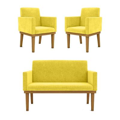 Kit Sofá 2 Lugares + Poltrona Com Base Suede amarelo
