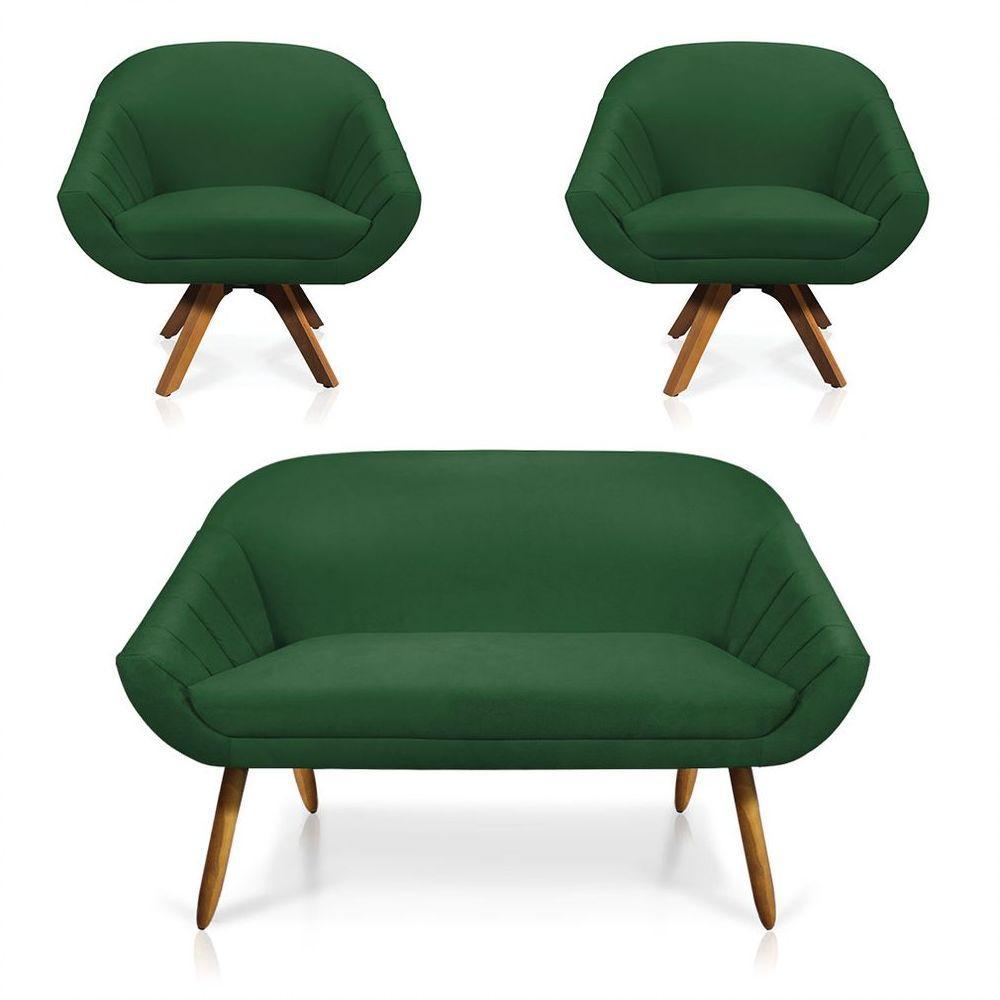Kit 01 Namoradeira 02 Lugares E 02 Poltronas Giratória Giovana Suede Base Madeira Mm30 D'rossi Verde - 1