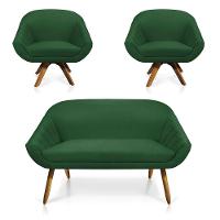 Kit 01 Namoradeira 02 Lugares E 02 Poltronas Giratória Giovana Suede Base Madeira Mm30 D'rossi Verde - 1