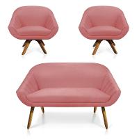 Kit 01 Namoradeira 02 Lugares E 02 Poltronas Giratória Giovana Suede Base Madeira Mm30 D'rossi Rose - 1