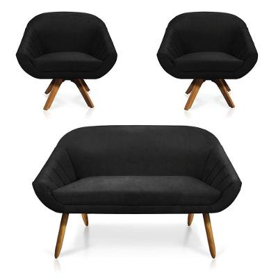 Kit 01 Namoradeira 02 Lugares E 02 Poltronas Giratória Giovana Suede Base Madeira Mm30 - D'rossi Preto