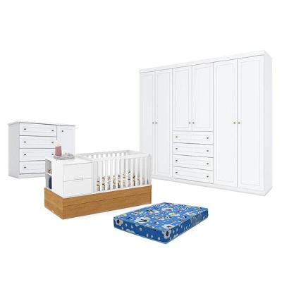 Quarto De Bebê Americano 6 Portas Com Berço Americano Multifuncional Formare Branco Freijó - Matic E Colchão Tendtudo
