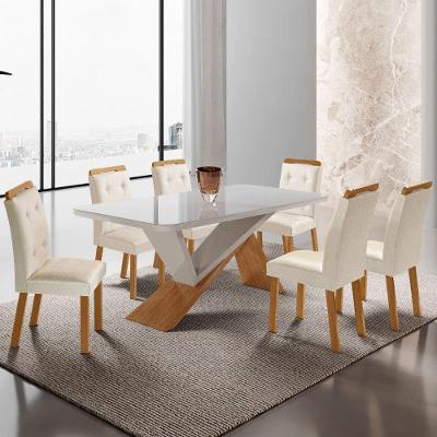Mesa De Jantar Yasmin 180cm Tampo Com Vidro 6 Cadeiras Carol Veludo Creme /nat/off/serig. Off