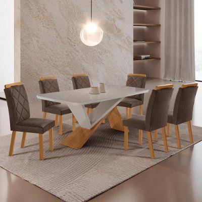 Mesa De Jantar Yasmin 180 Tampo Com Vidro 6 Cadeiras Melissa Veludo Marrom/nat/off/serig. Off