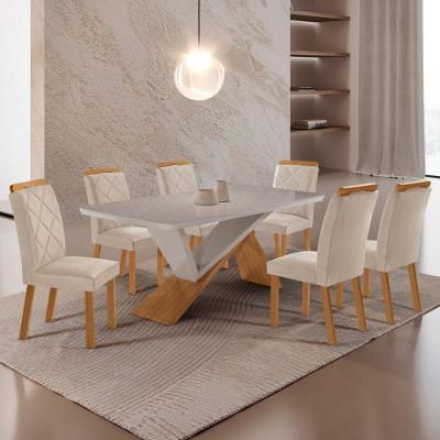 Mesa De Jantar Yasmin 180 Tampo Com Vidro 6 Cadeiras Melissa Veludo Creme /nat/off/serig. Off