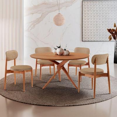 Sala De Jantar Mesa Ballare 120cm Tampo Redondo 4 Cadeiras Linho Palha/imbuia Nat/cinam. Imbuia