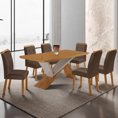 Mesa De Jantar Yasmin 180cm Tampo Mdf Com 6 Cadeiras Carol Veludo Marrom/naturale/off White