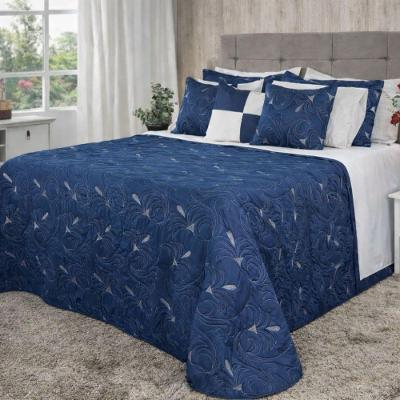 Kit Cobre Leito Colcha Diamante Queen 5 Peças Bordado Floral Dupla Face 180 Fios - Azul Marinho - 100% Poliéster