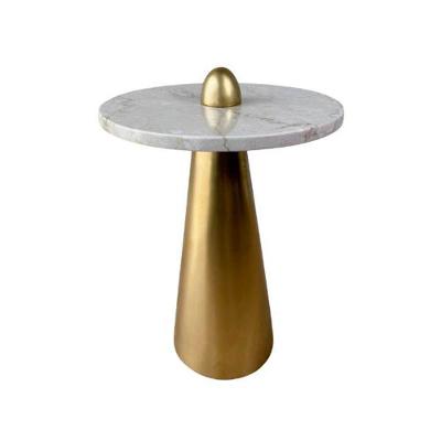 Mesa De Apoio Cone Duna 61cm Tampo 50cm Base Dourada E Tampo Marmore Travertino