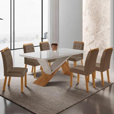 Mesa De Jantar Yasmin 180cm Tampo Com Vidro 6 Cadeiras Carol Veludo Capuccino/nat/off/serig. Off