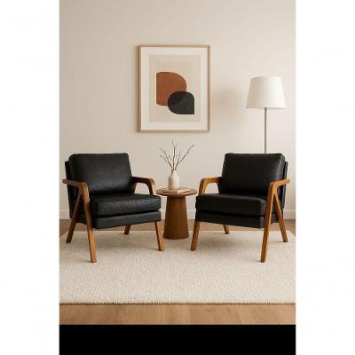 Kit 2 Poltronas Mona Luxo Madeira Maciça Corino Preto Para Sala De Estar Decorativa Moderna