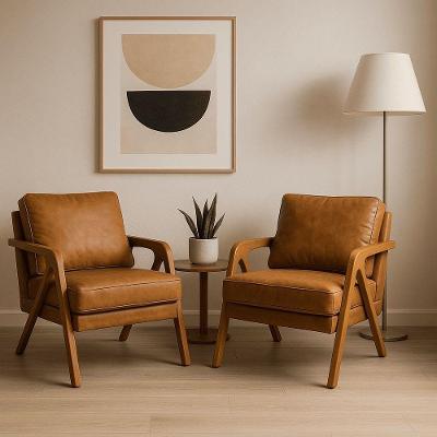 Kit 2 Poltronas Mona Luxo Madeira Maciça Corino Caramelo Para Sala De Estar Decorativa Moderna