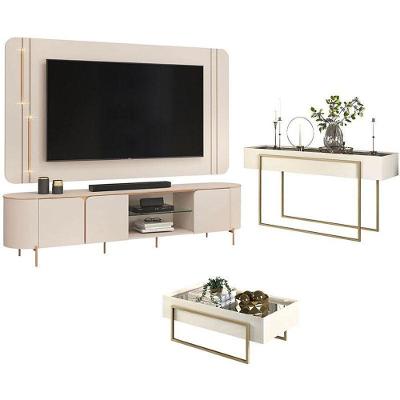 Rack Bancada Com Painel Ariana E Aparador Petri Com Mesa De Centro Petri Off White – Dj Móveis