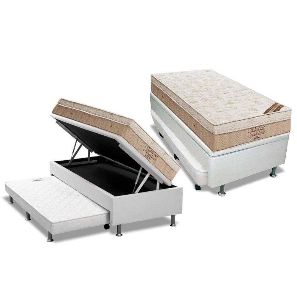 Cama Box Baú c/Auxiliar Solteiro: Colchão Molas Ortobom Nanolastic Elegant + Base CRC Courano Branco(88x188) - 1