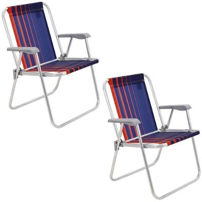 Kit 02 Cadeiras De Praia Tramontina Samoa Alta Em Alumínio C/ Assento Azul Escuro E Laranja 92900000