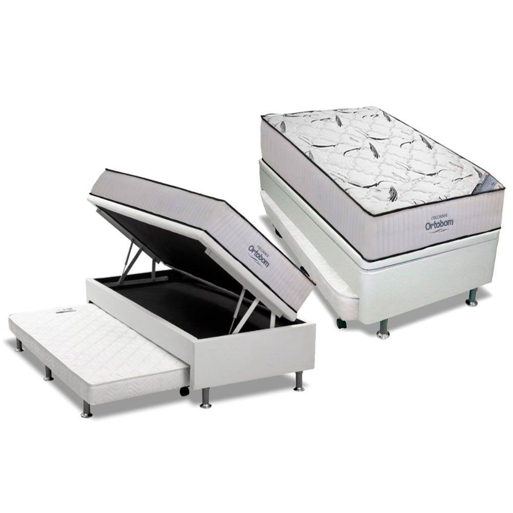Cama Box Baú c/Auxiliar Solteiro: Colchão Espuma Ortobom D45 Highfoam + Base CRC Courano White(88x188) - 1