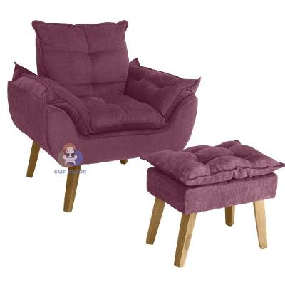 Poltrona/cadeira Decorativa E Puff Glamour Bordô/vinho Com Pés Quadrado - Vinho