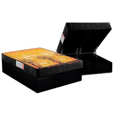Cama Box Baú Queen: Colchão Anatômico Anjos D28 / Ag65 Pantanal + Base Crc Suede Black(158X198)