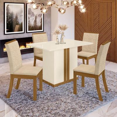 Conjunto Sala De Jantar Tampo Mdf 120 Cm 04 Cadeiras Raysa Casa 812 Nature Com Off White E Linho