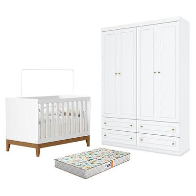 Berço Americano Flip Branco Acetinado Reller E Guarda Roupa Infantil 4 Portas Branco Hp E Colchão Gazin - Henn