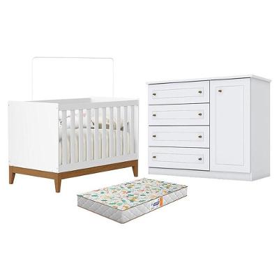 Berço Americano Flip Branco Acetinado Reller E Cômoda Infantil Americano Brando Hp E Colchão Gazin - Henn
