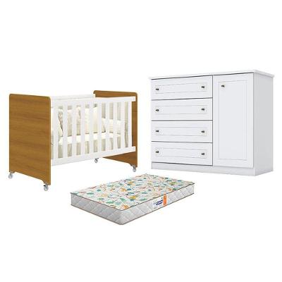 Berço Americano Evolution 4 Em 1 Branco Acetinado Savana Reller E Cômoda Americano Branco Hp E Colchão Gazin - Henn