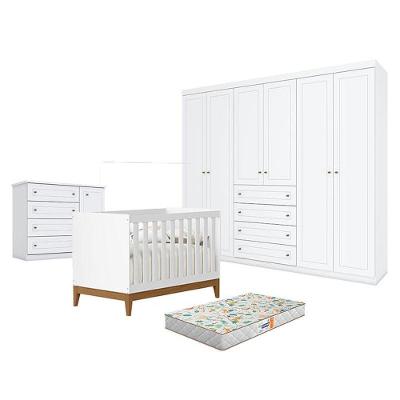 Quarto De Bebê Americano 6 Portas Com Berço Americano Flip Branco Acetinado Reller E Colchão Gazin - Henn