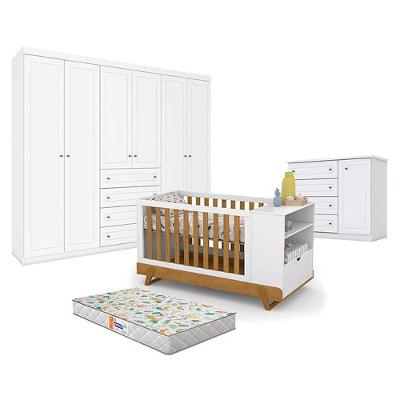 Quarto De Bebê Americano 6 Portas Com Berço Multifuncional Bkids Branco Freijó Eco Wood - Matic - Henn E Colchão Gazin